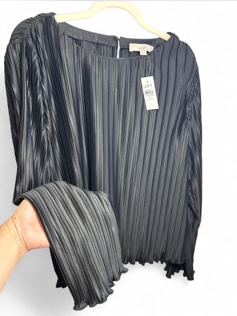 LOFT black long-sleeve plissé pleated blouse, boat neck silhouette, micro ruffle